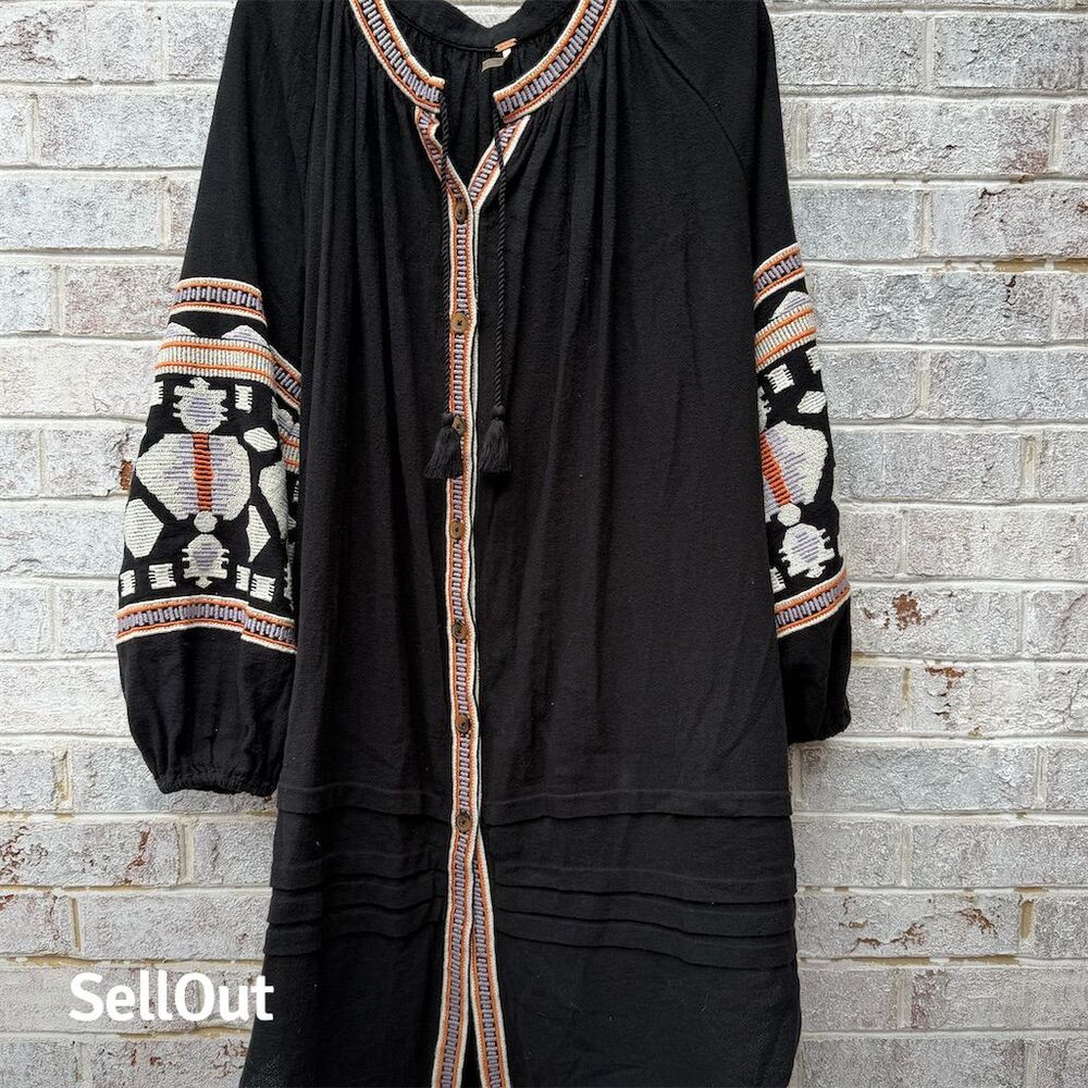 Free People Women's S Black Embroidered Boho Kaftan Dress Long Sleeve